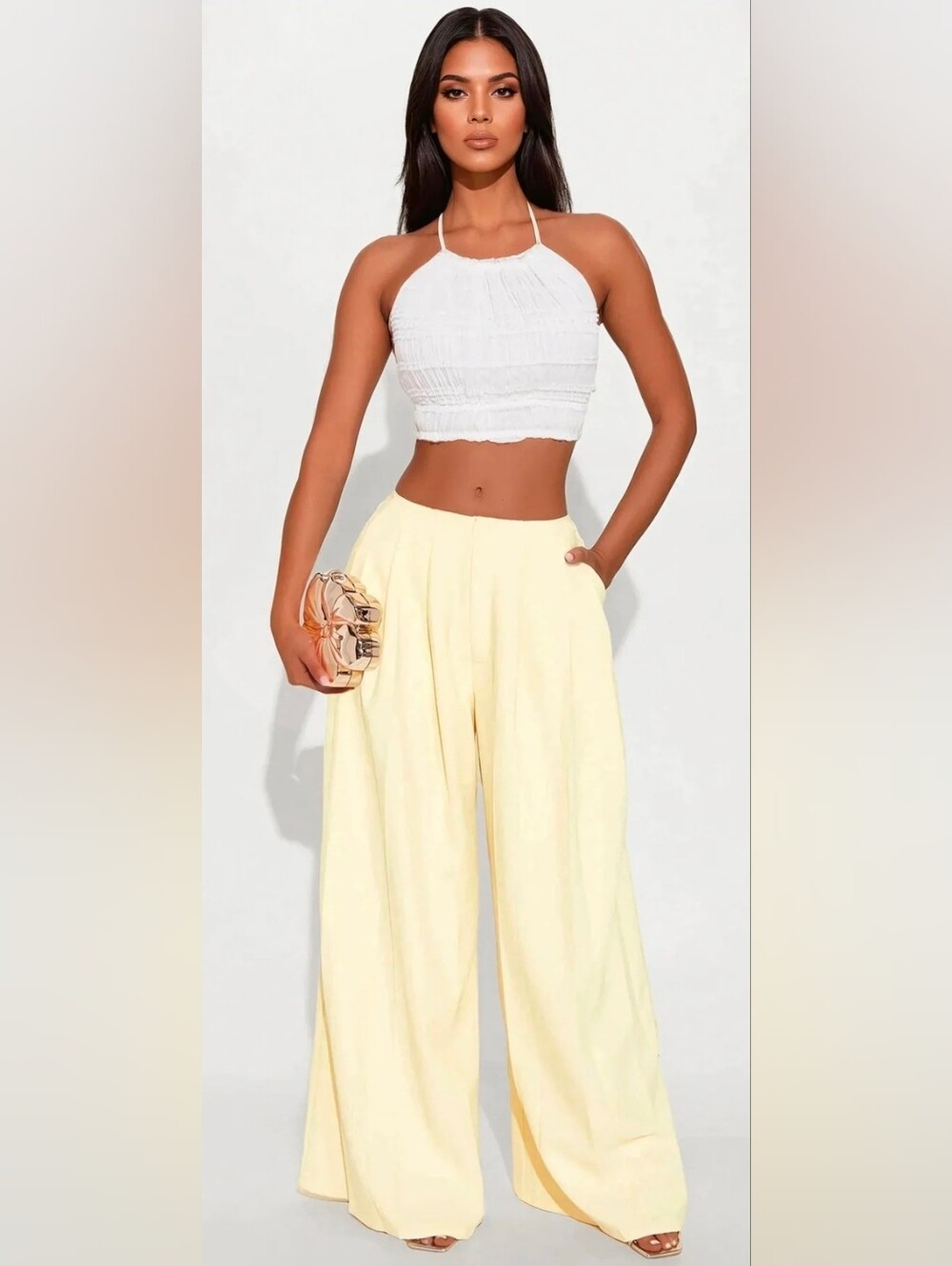 High-Waist Wide-Leg Pants in Butter Yellow